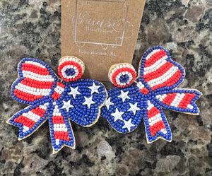 American flag beaded bow earrings