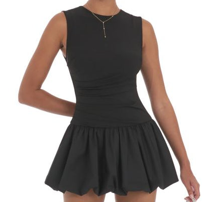 high neck with low waisted bubble skirt with side rouching
