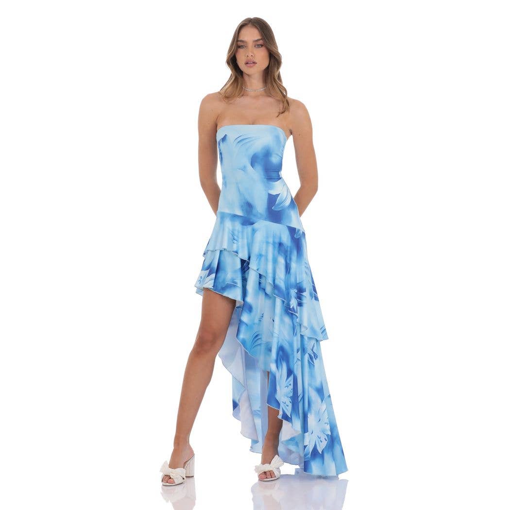 Floral Strapless Ruffle Asymmetrical Maxi Dress in Blue