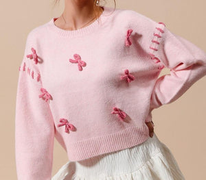 3D yarn bow embellished sweater top