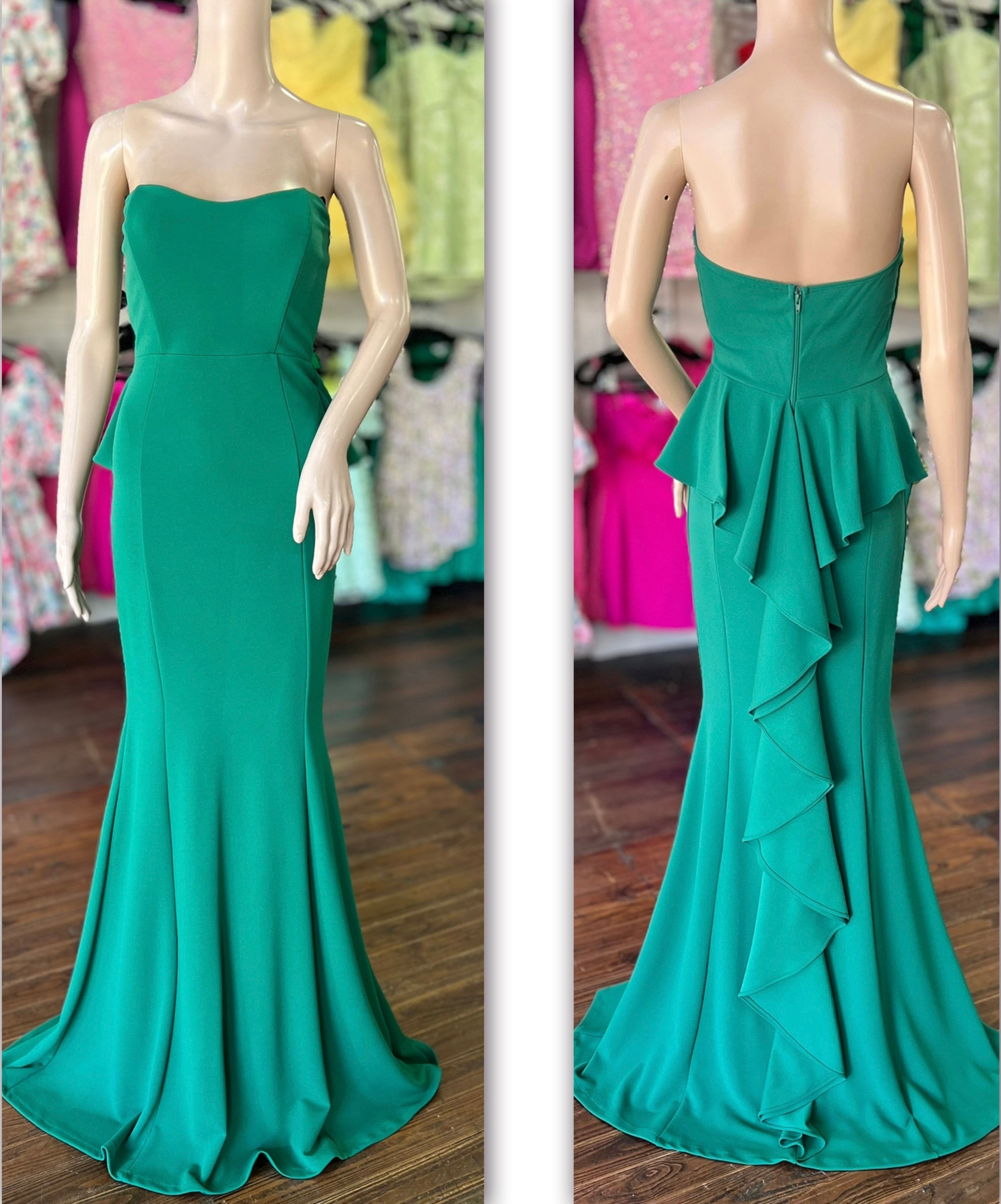 long green formal with back to floor ruffles