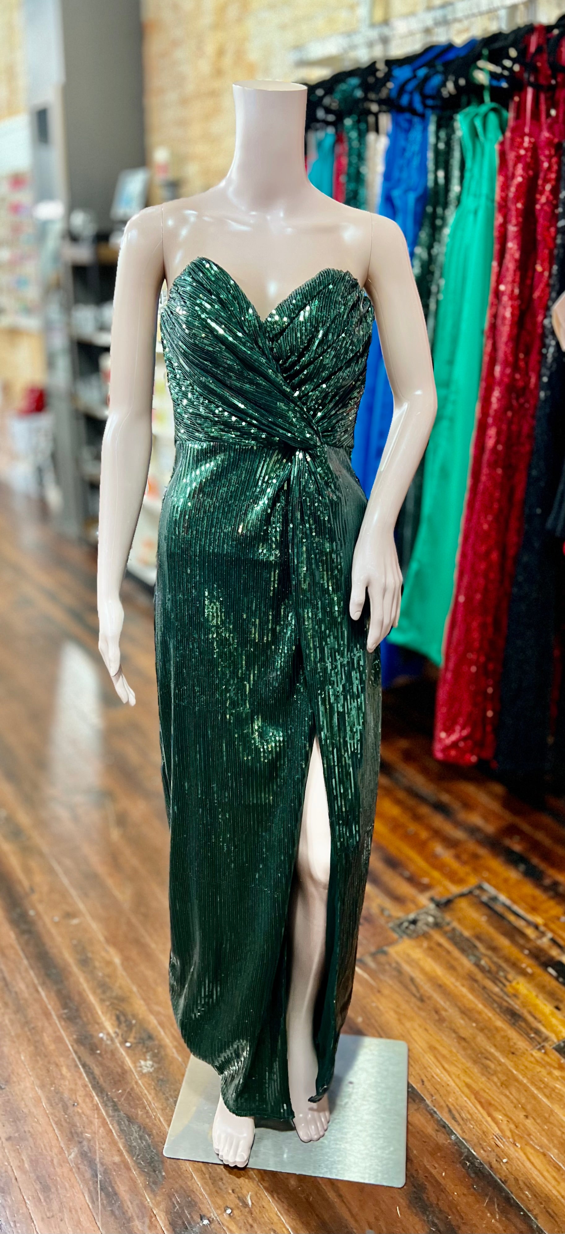 Sequin strapless deep sweetheart slit gown