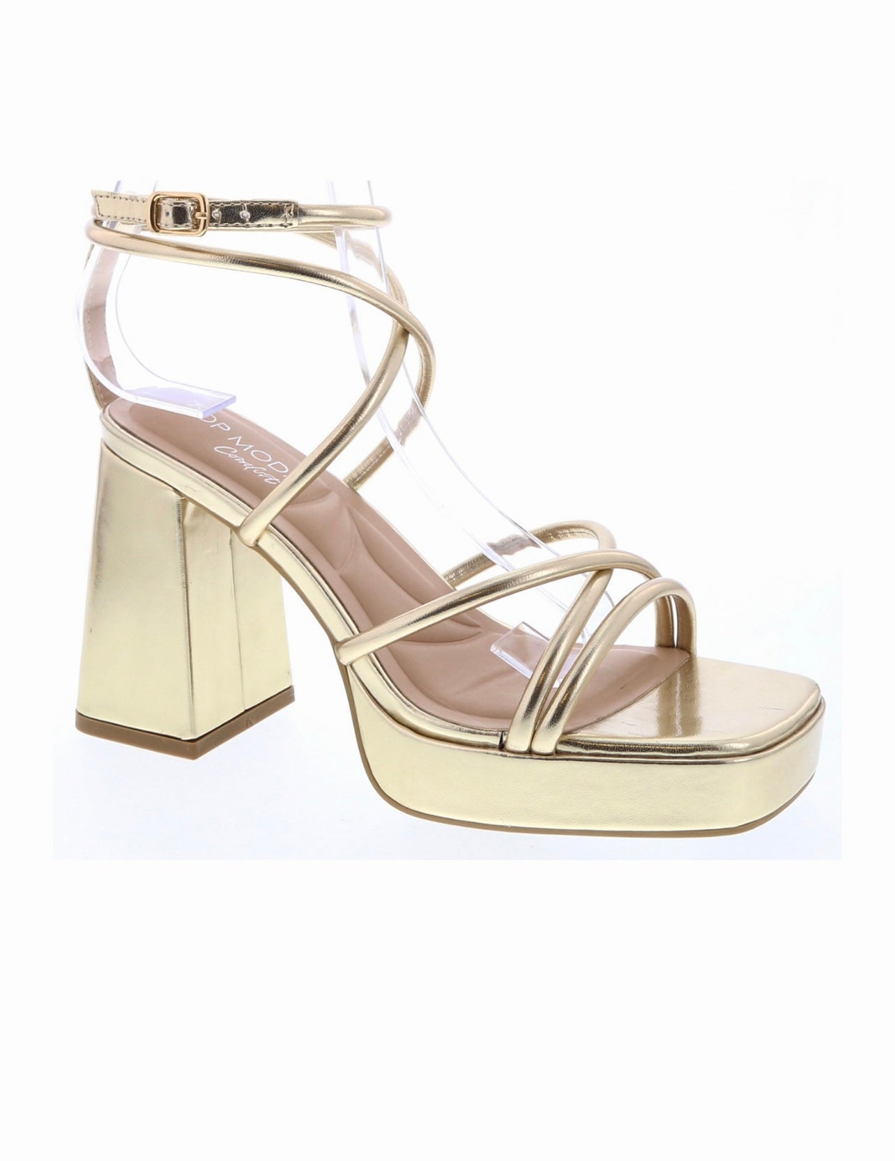 Platform metallic strappy heel