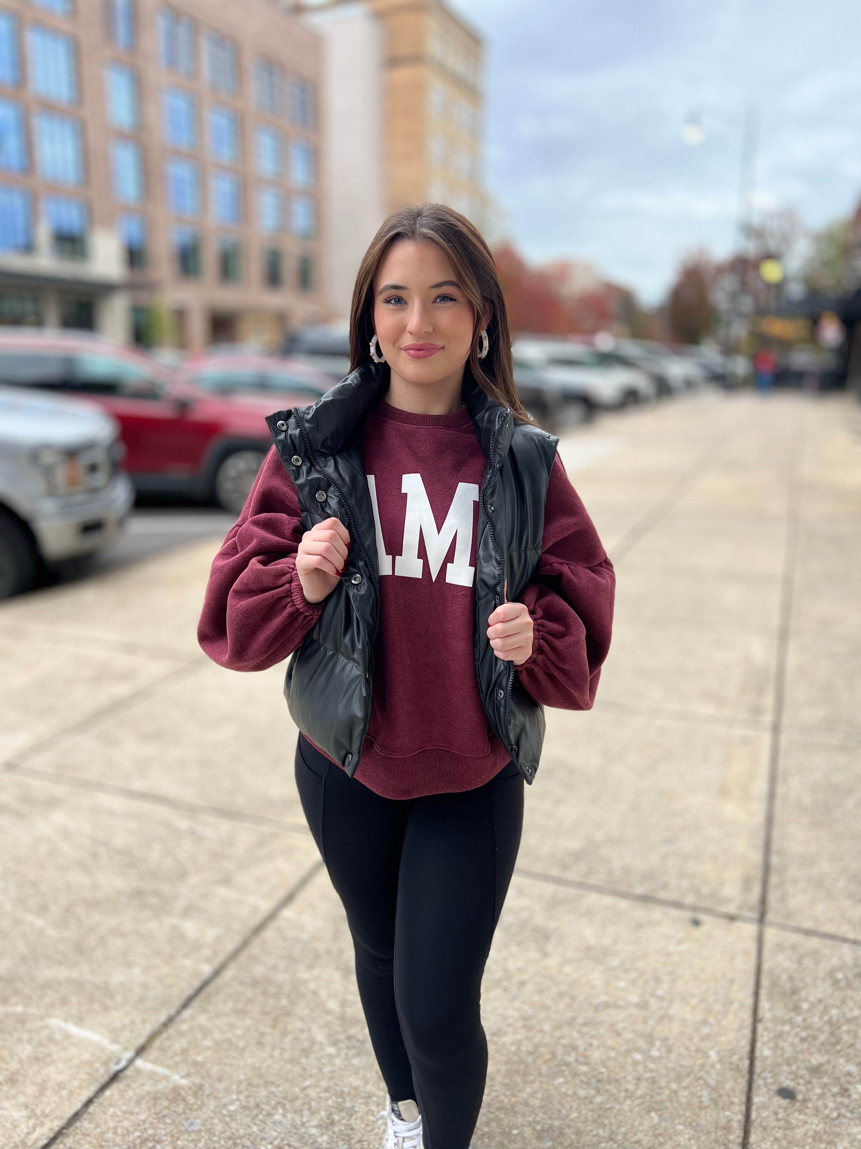 Collared faux leather puffer vestp