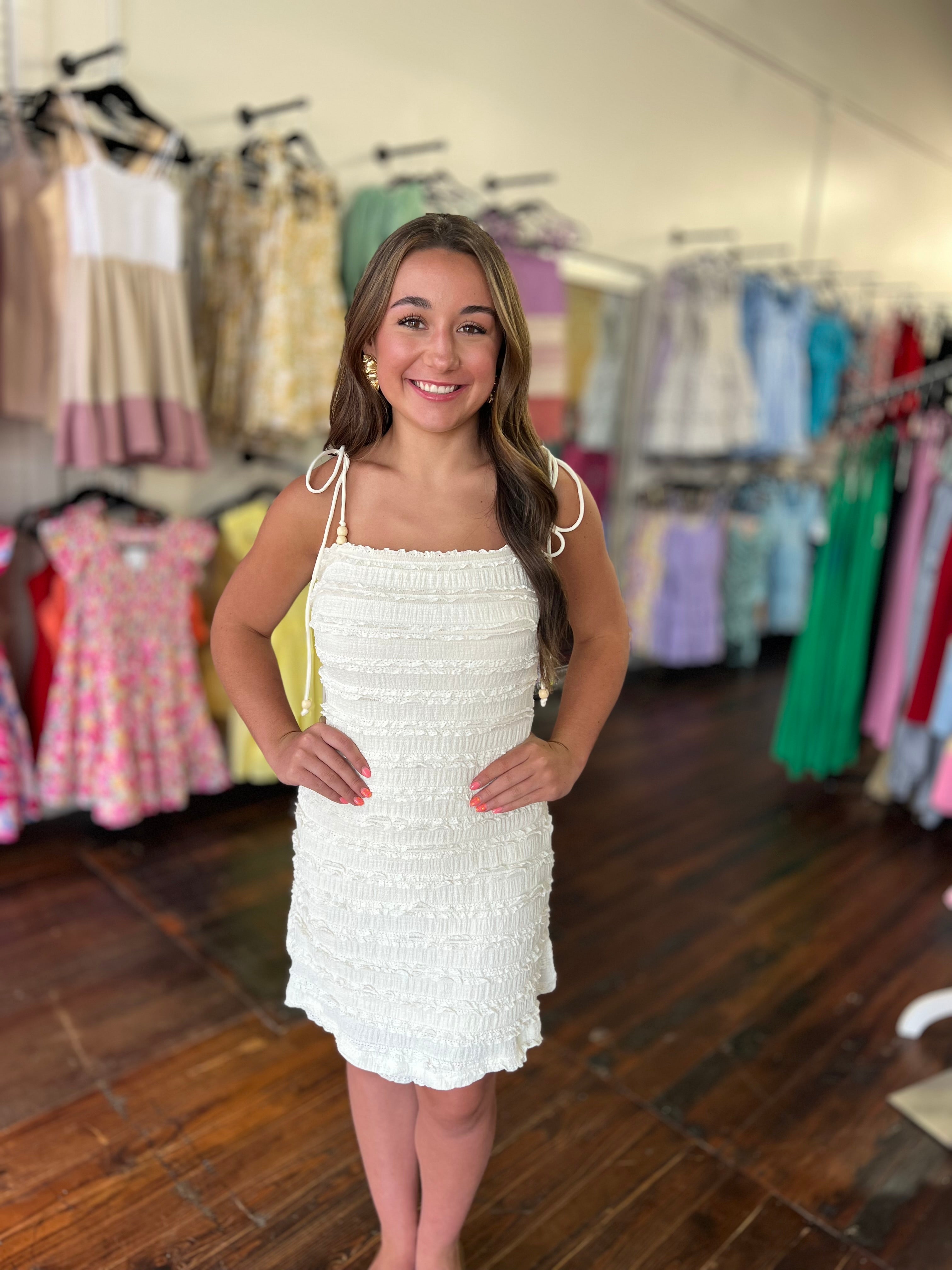 Cream mini ruffle rows tie dress