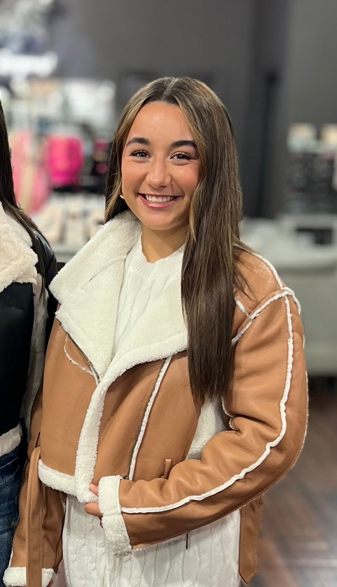 Cropped Leather Moto Sherpa Lining and Adjustable Belt Jacket