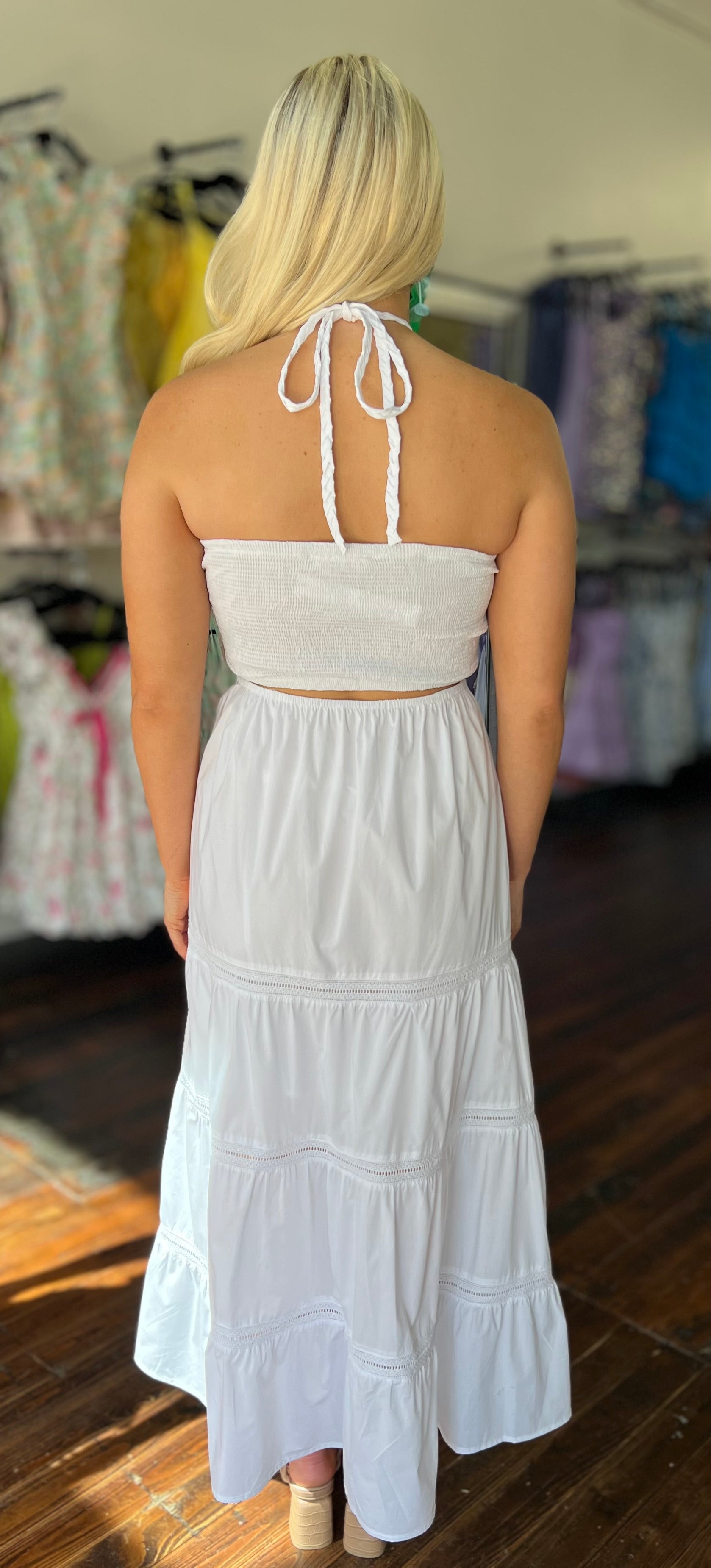 Braided halter sweetheart maxi with open back