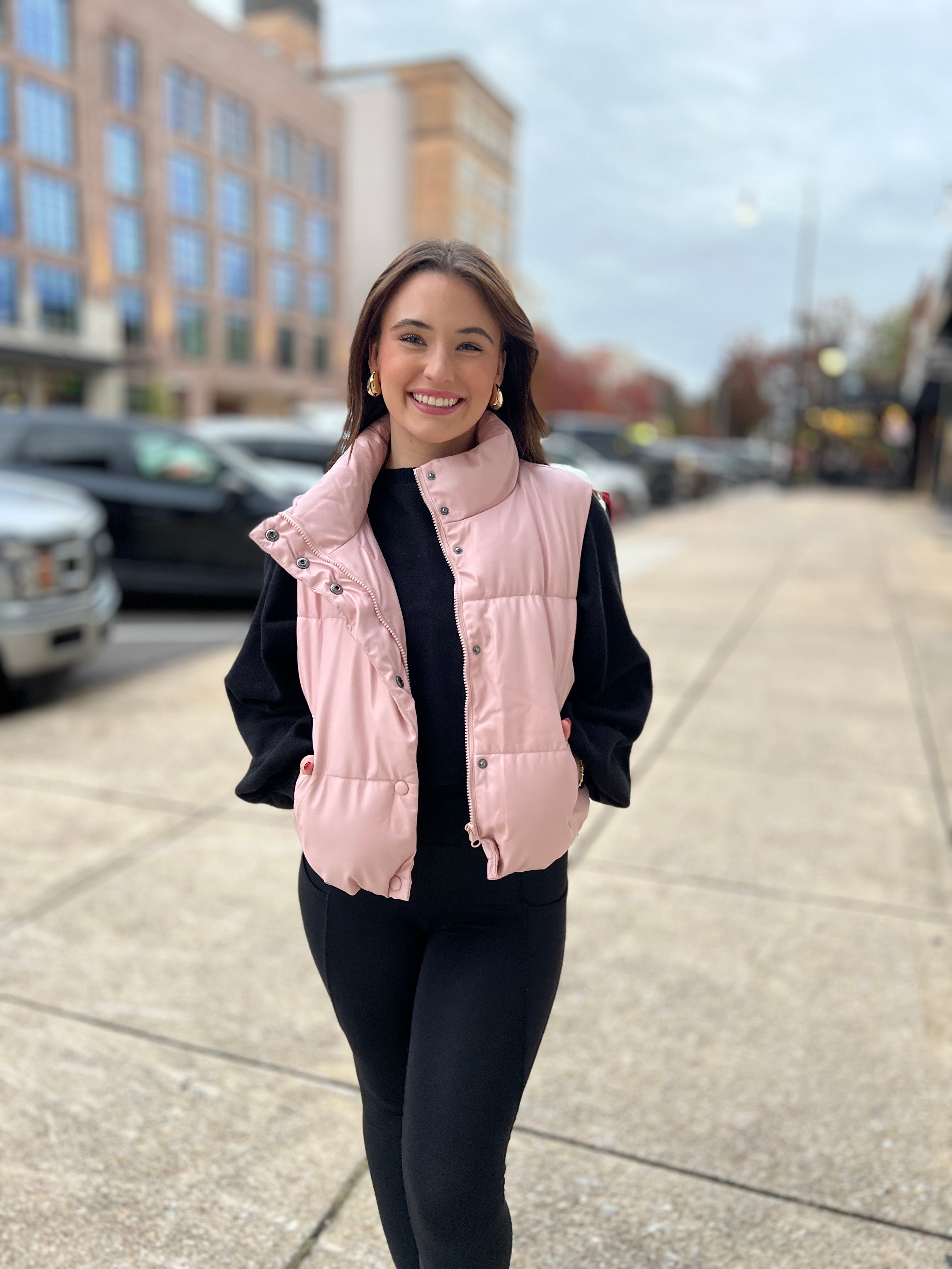 Collared faux leather puffer vestp