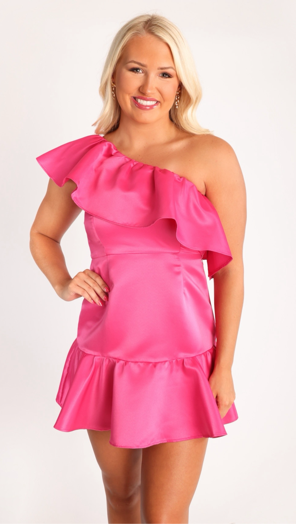 Satin one shoulder ruffle with single bottom ruffle