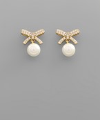 Pave gold dipped mini bow with pearl earrings
