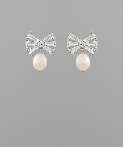 Pave bow and pearl dangle earrings