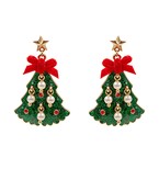 Green Christmas tree with red ribbon and pearls drop earring