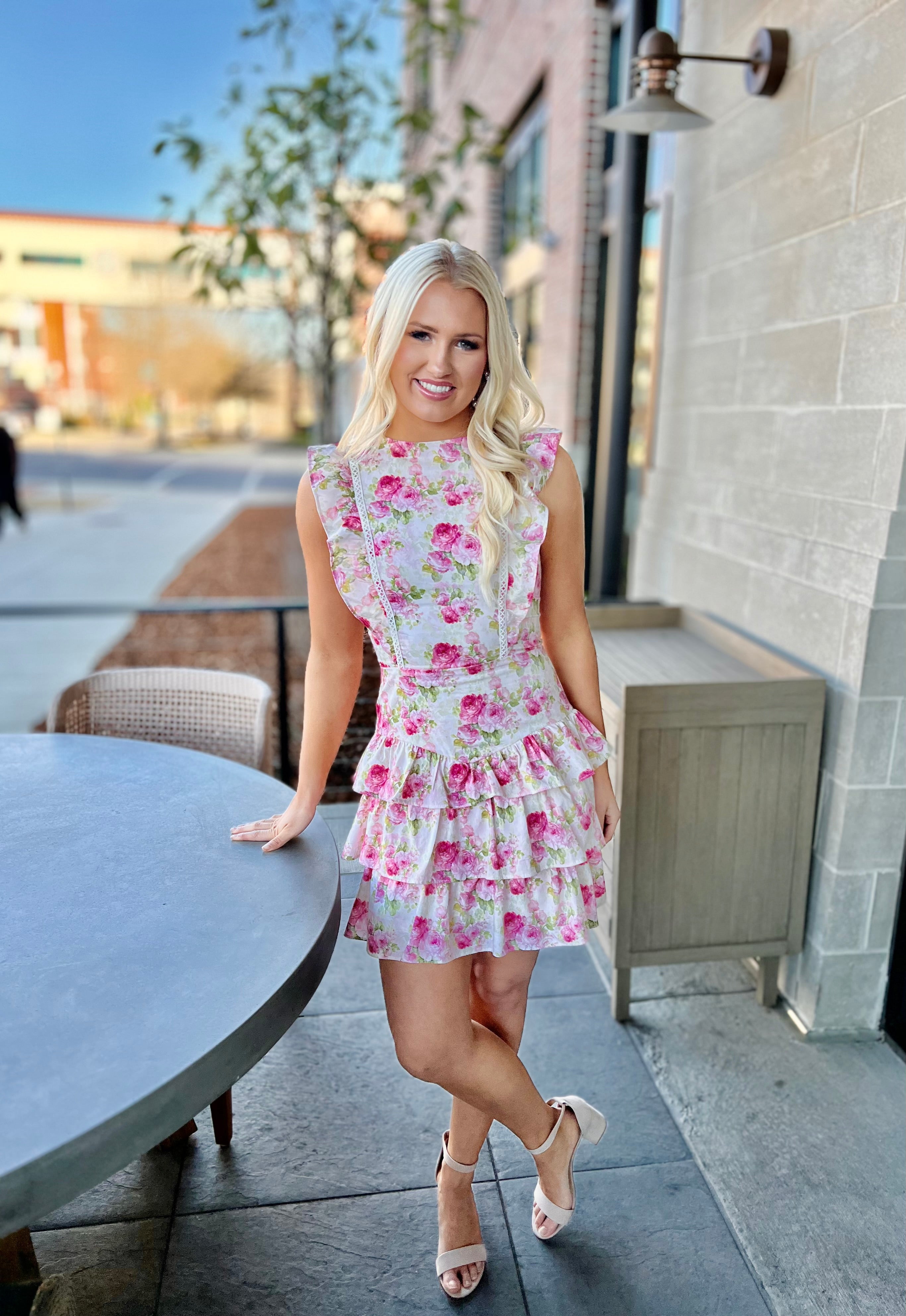 Large Pink Flower Bundles Cap Sleeve Dress
