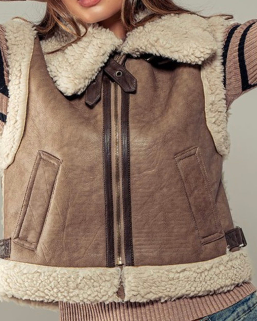Faux leather Sherpa lined Biker Vest