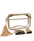 Clear rectangular bag with tassel and gold strap
