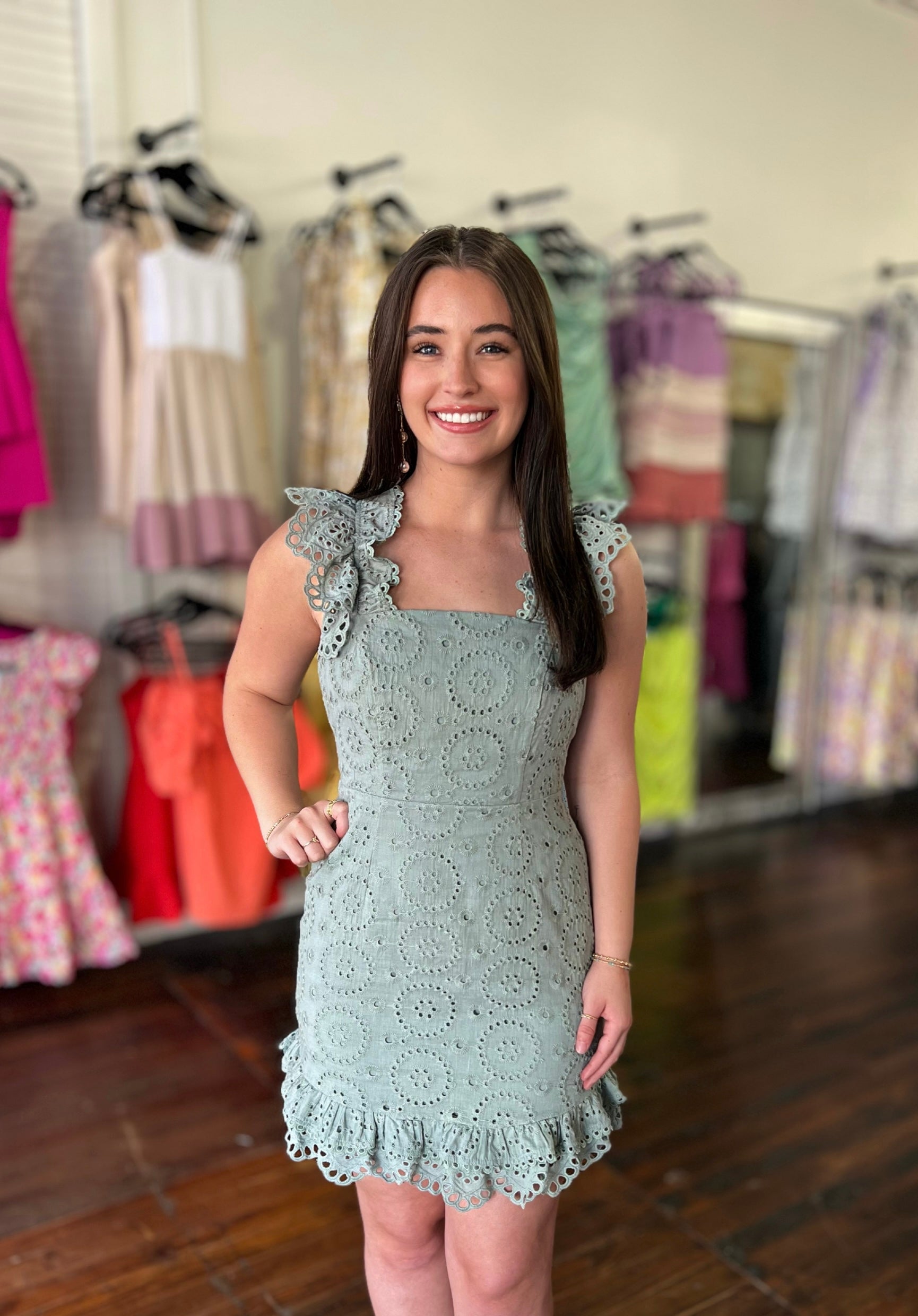 Eyelet lace circle design ruffle bottom dress