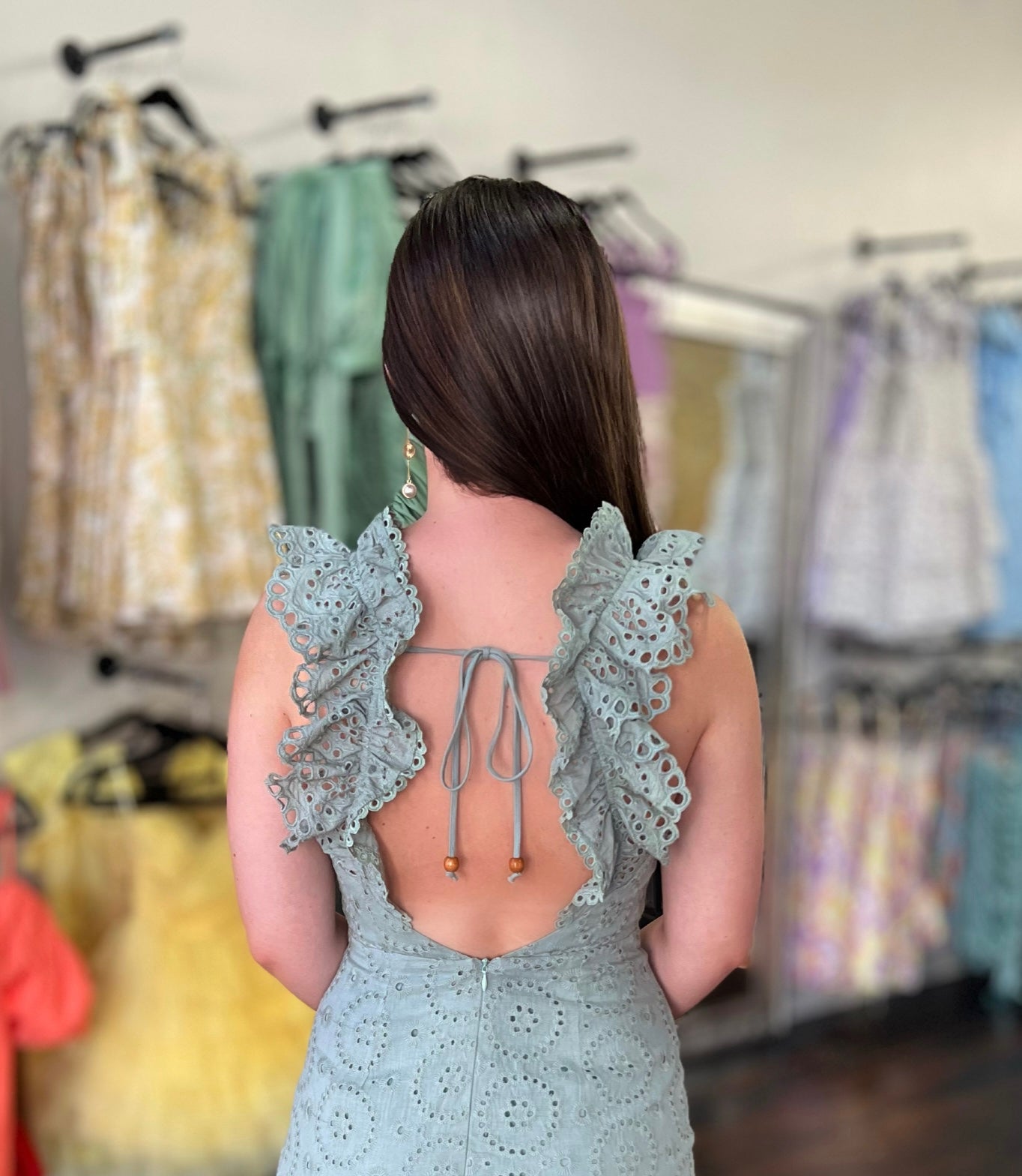 Eyelet lace circle design ruffle bottom dress