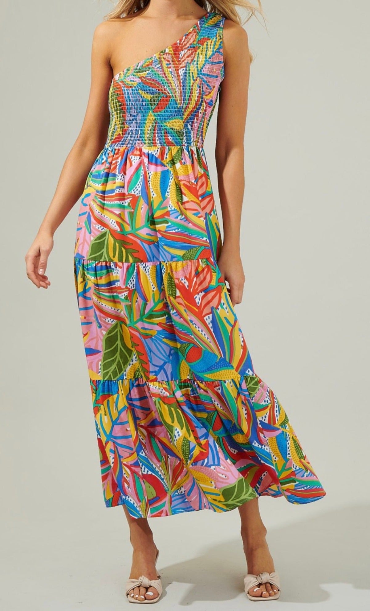 Abstract Smocked one shoulder Maxi