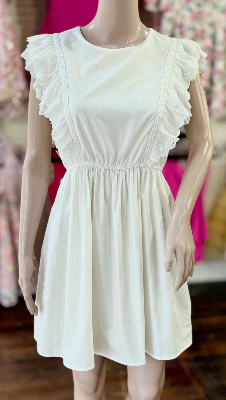 eyelet lace ruffle side detail poplin a line dress