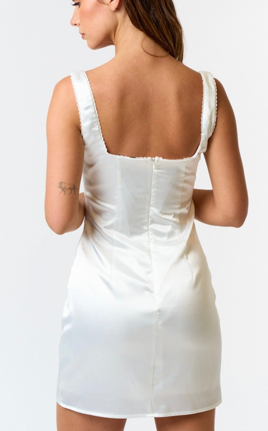 Lace edged solid satin fitted dress