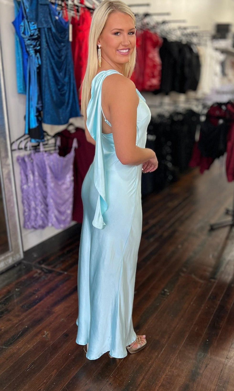 one shoulder sleeveless ice blue silk gown