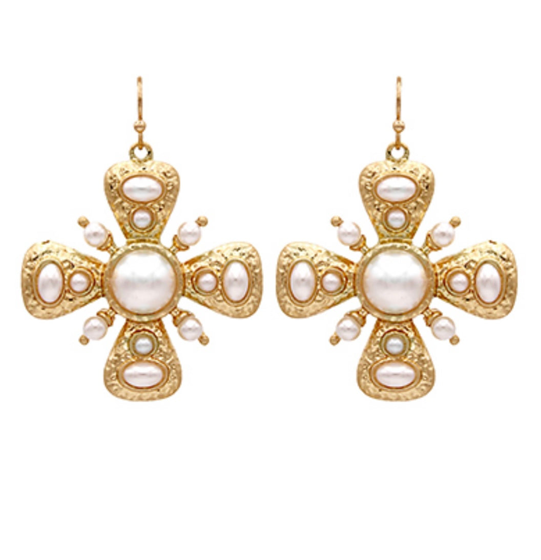 Antique Pearl Cross Textured Earrings