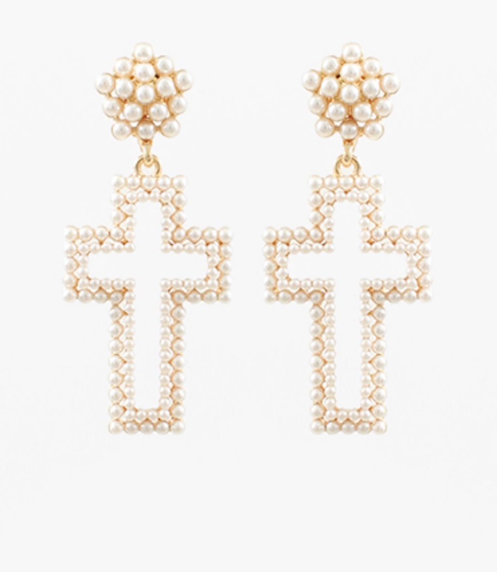 Pearl cross dangle earrings