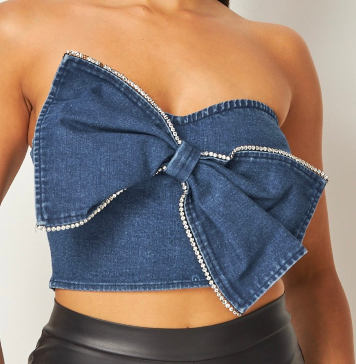 Denim rhinestone lined bow  crop