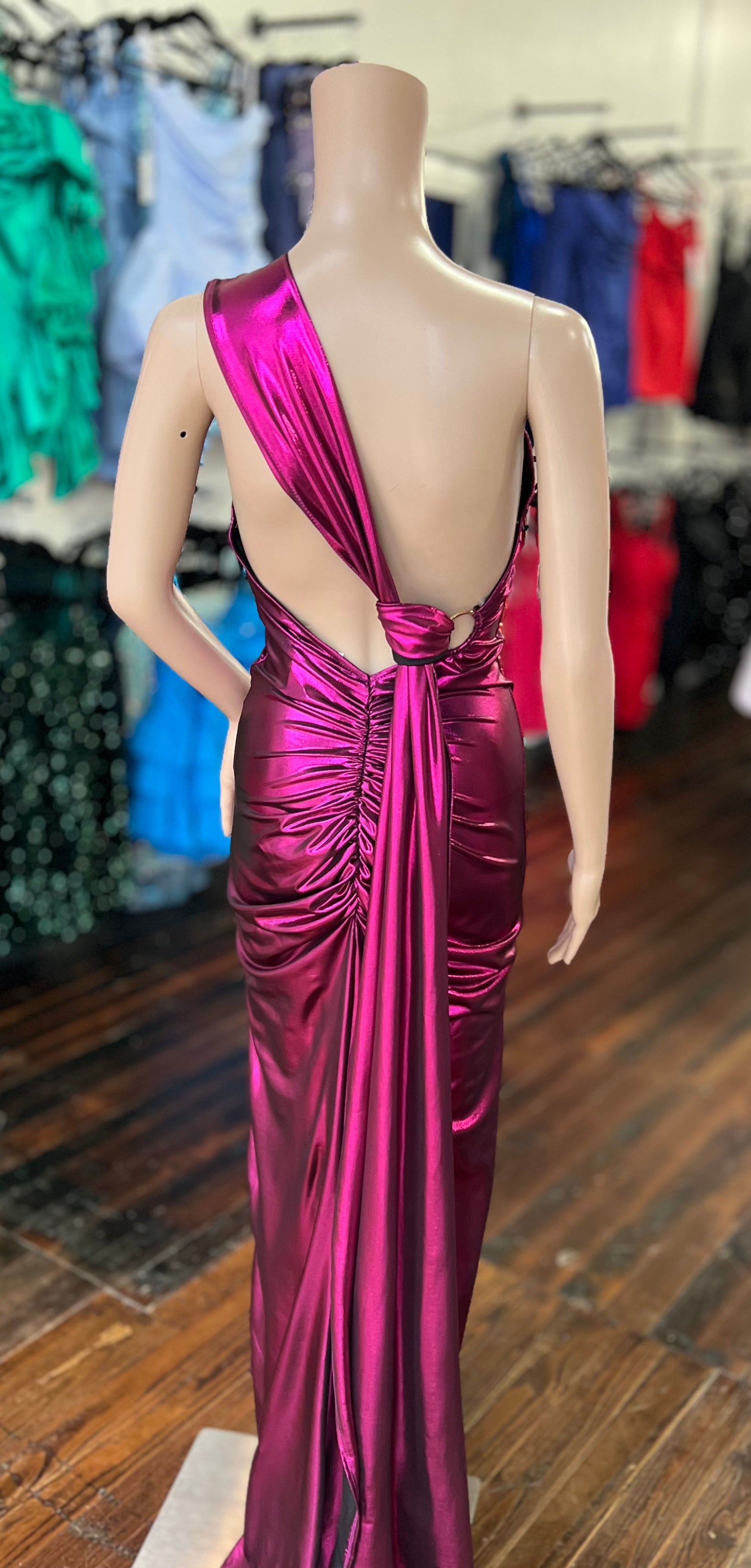 pink metallic one shoulder dress SemSem ONE-SHOULDER DRAPED PLISS-LAM MAXI DRESS IN PINK METALLIC