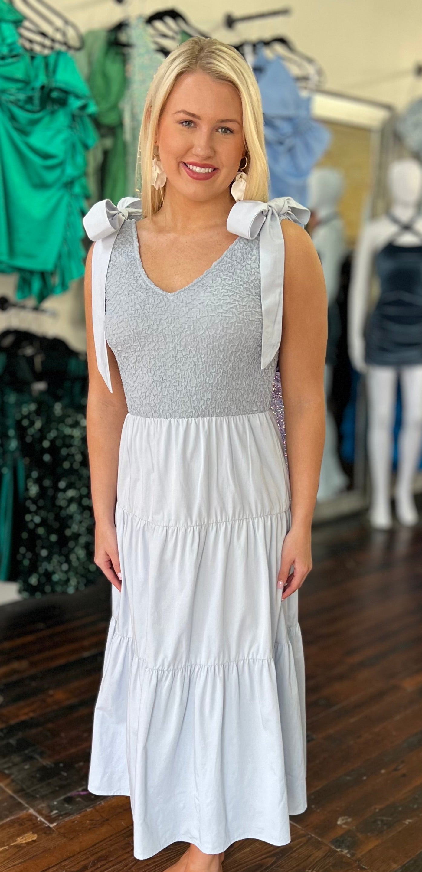 Wavy Smocked top with ruffle bottom and shoulder ribbons