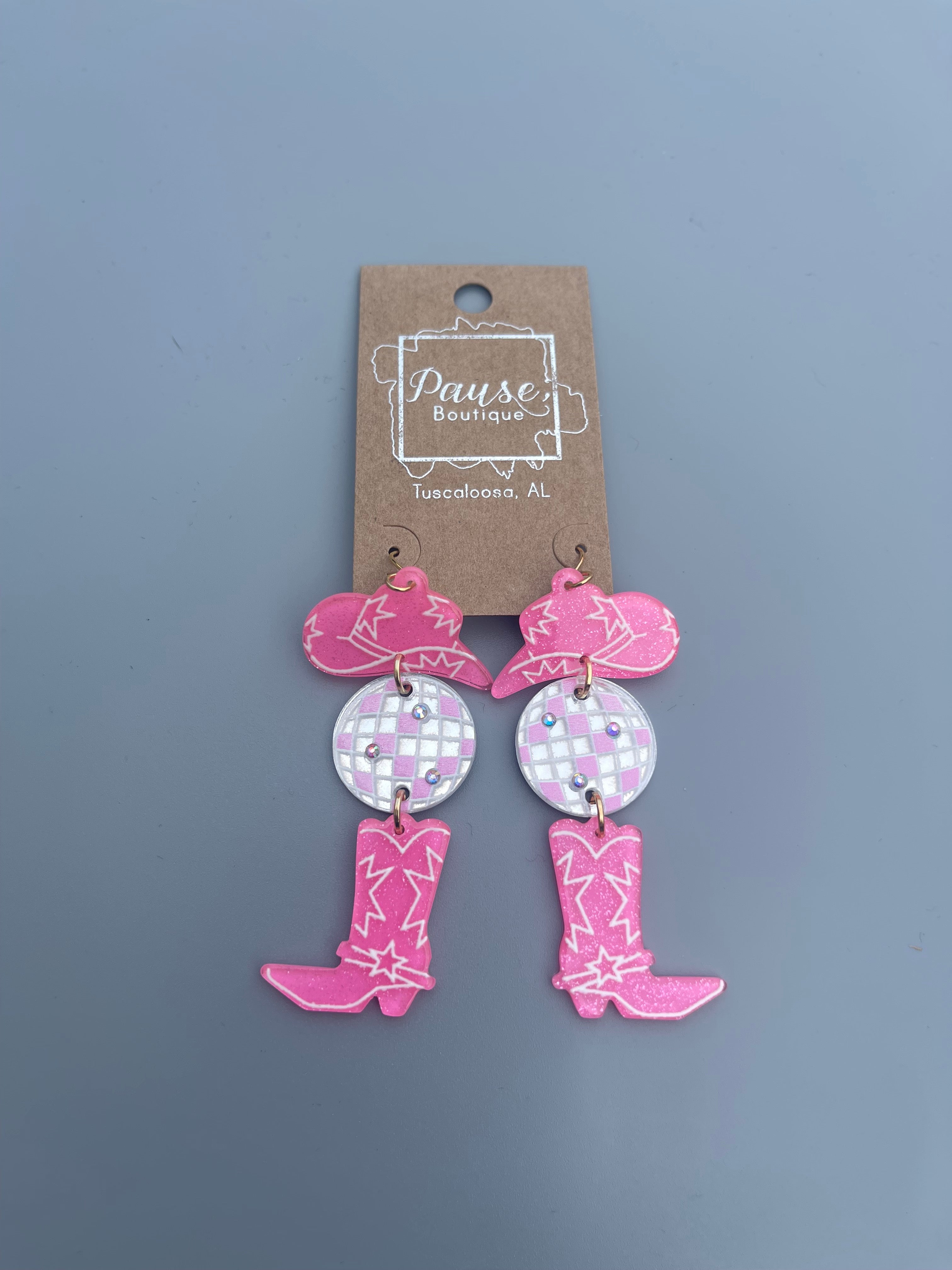 Disco cowgirl hat, ball, and boot earring