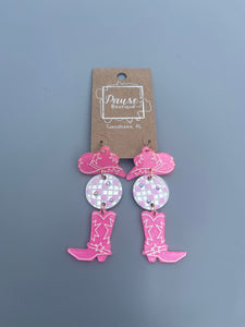 Disco cowgirl hat, ball, and boot earring