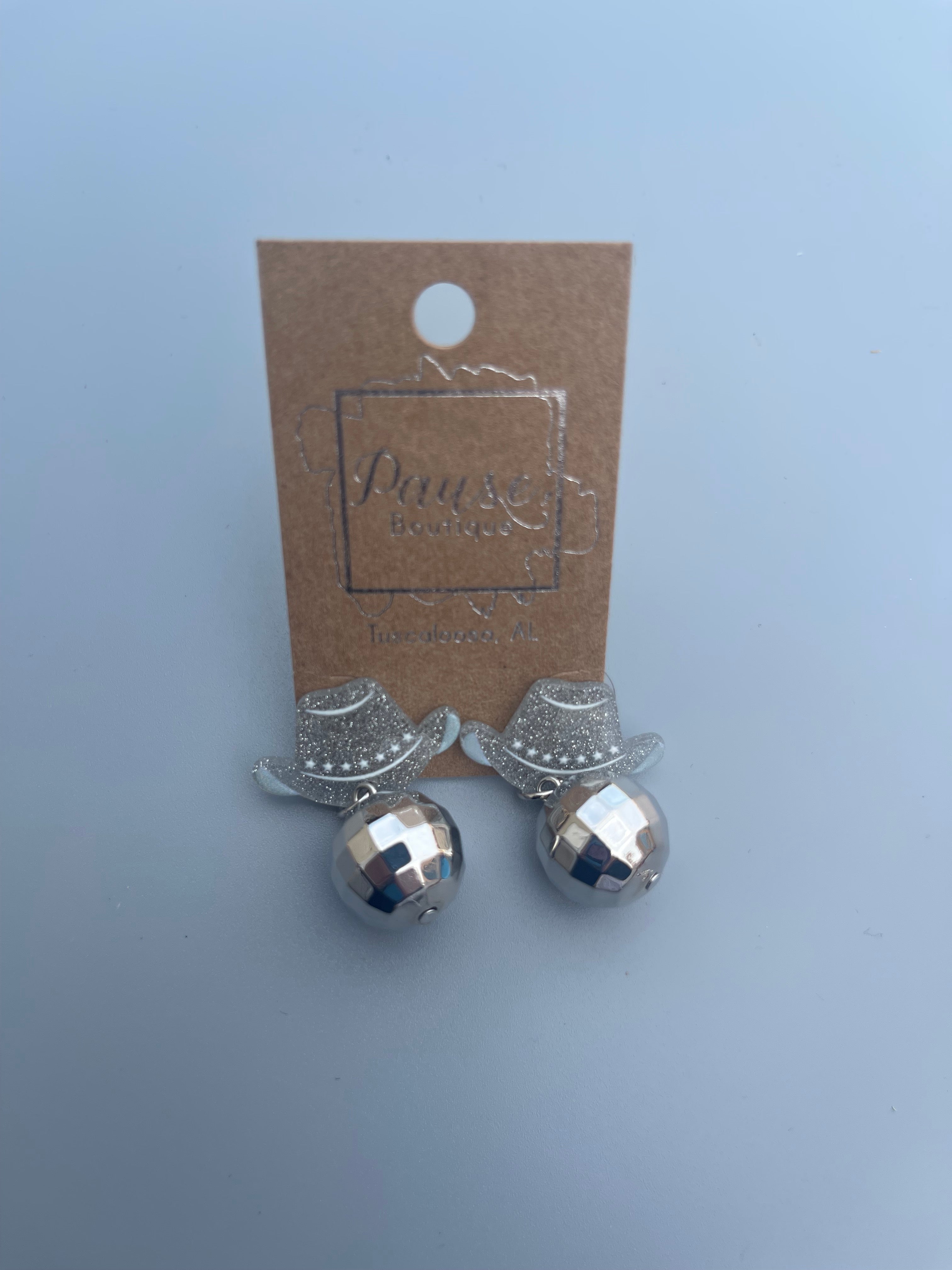 Silver cowboy hat with disco ball dangle