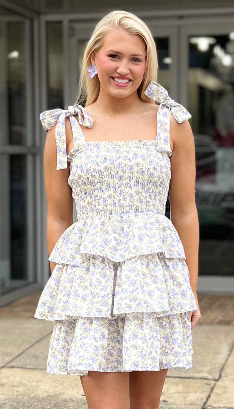 Lavender Floral Smocked Top Tie Shoulder Dress