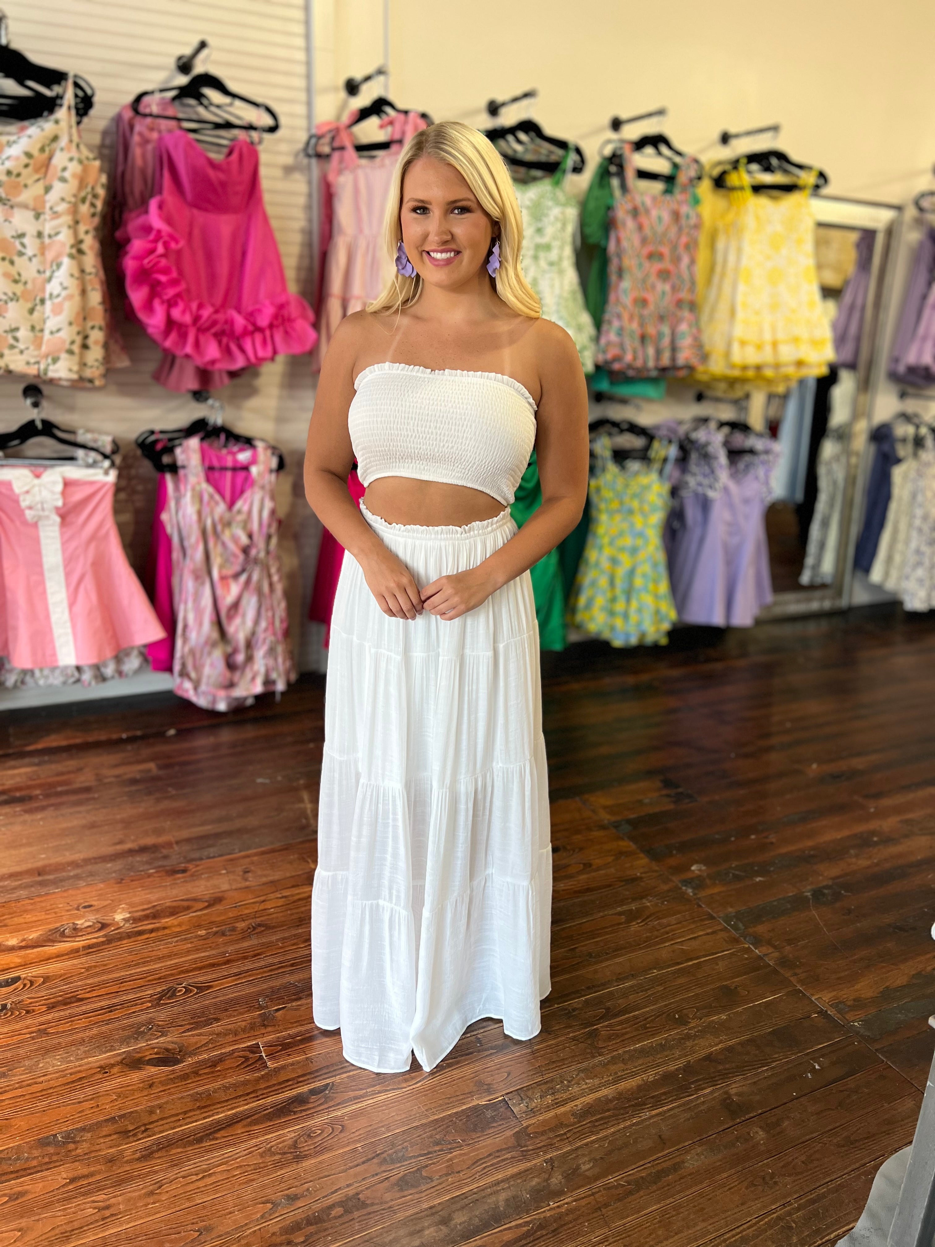 bandeau cropped top with matching maxi tiered skirt