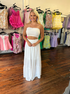bandeau cropped top with matching maxi tiered skirt