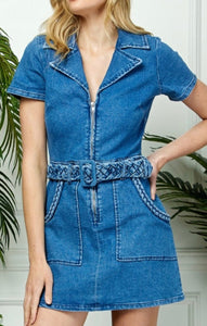 Zip up braided belt denim mini dress