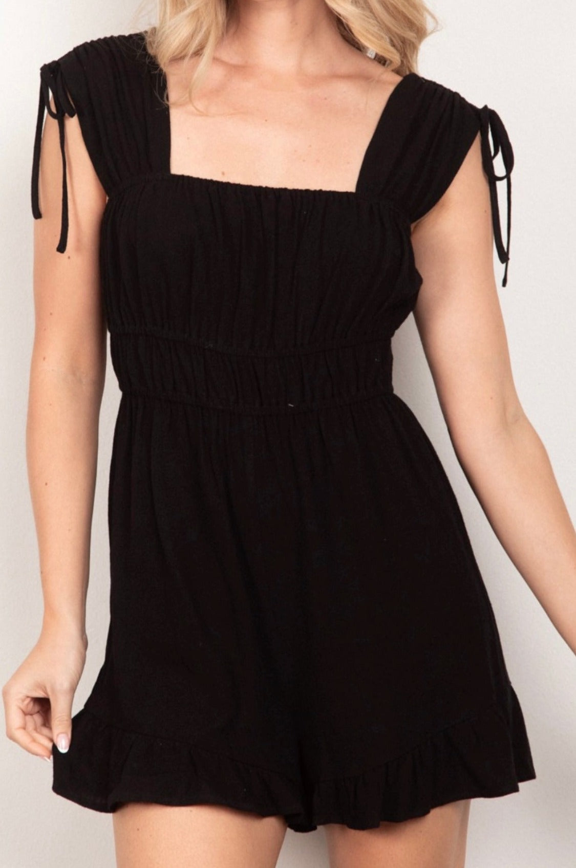 Sleeveless tie on strap ruffle romper