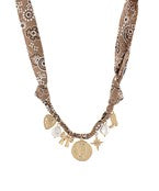 Coin and multi charm bandana scarf necklace