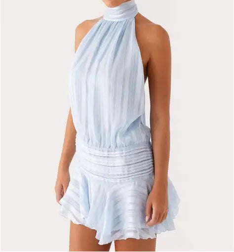 Halter sheer low waste double ruffle stripe dress