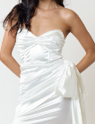 Deep V white satin ruched long sash dress