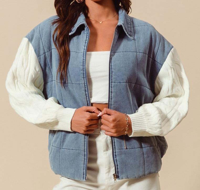 Square quilted denim zip up with knit sweater sleeves