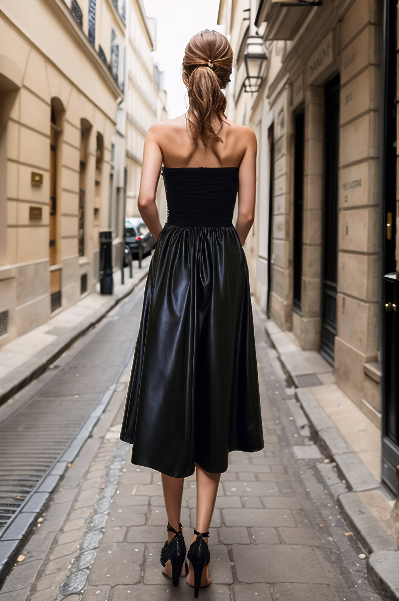 STRAPLESS RUCHED TOP WITH FAUX LEATHER MIDI SKIRT