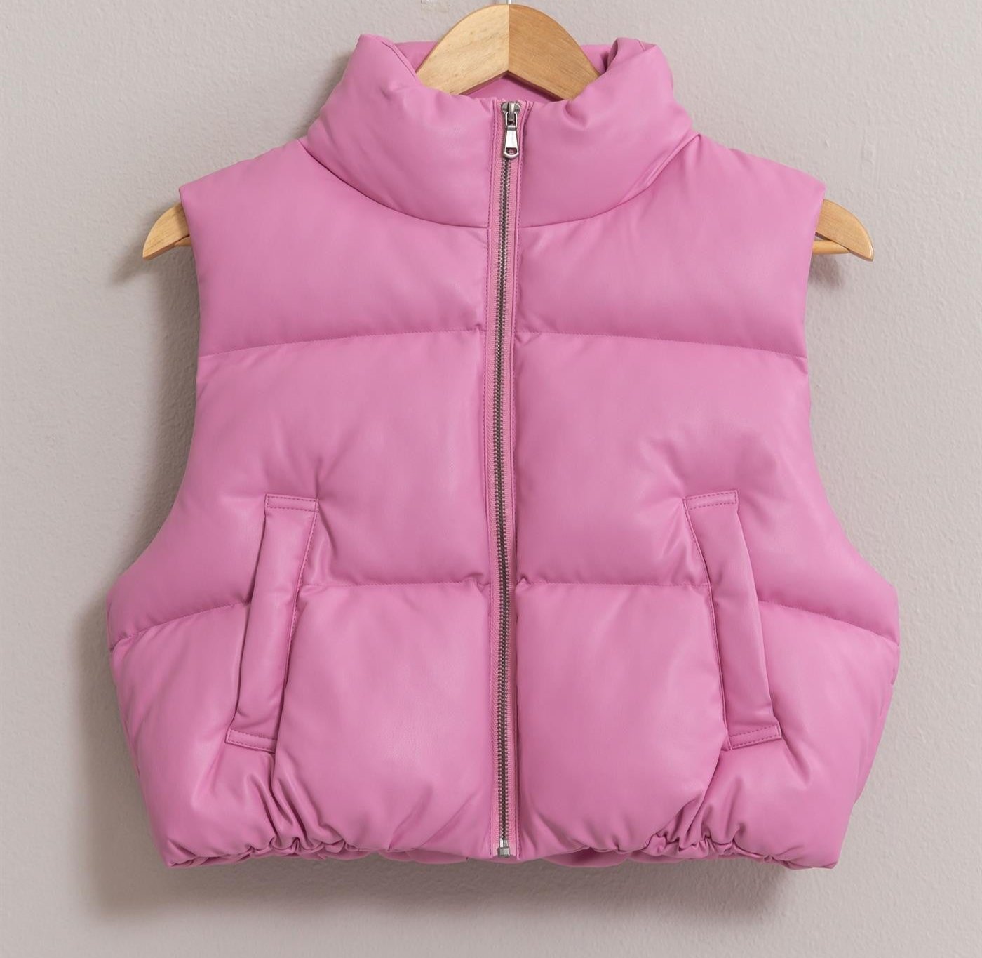 Faux leather cropped puffer vest