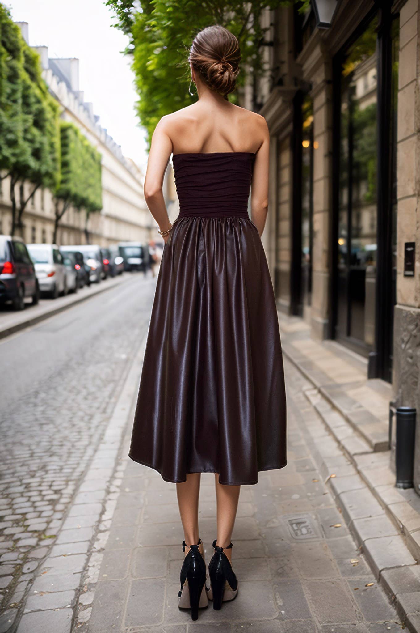 STRAPLESS RUCHED TOP WITH FAUX LEATHER MIDI SKIRT