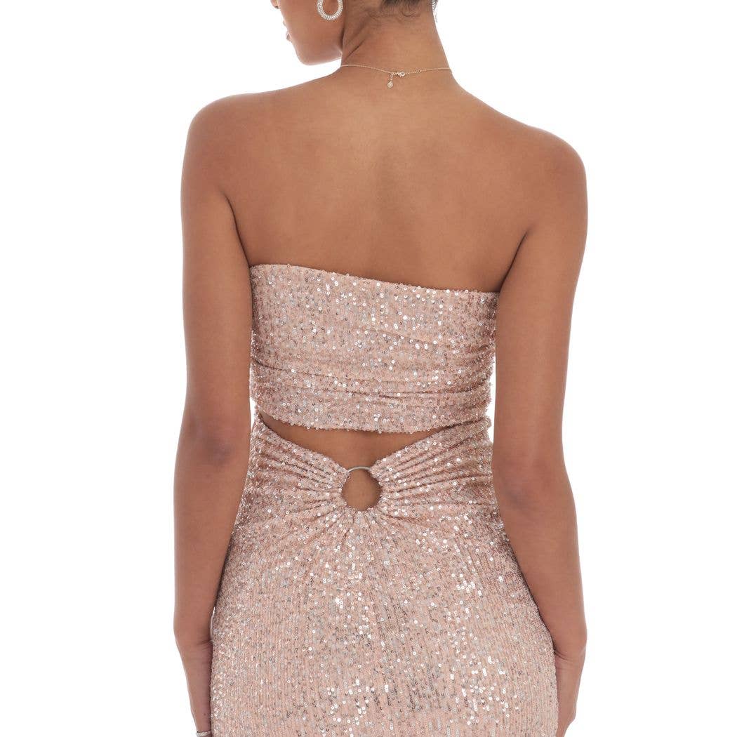 Sequin Strapless Mini Dress in Rose Gold