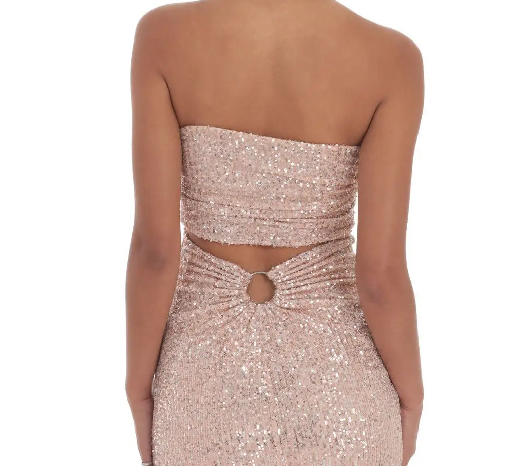 Rose gold strapless sequin with circle on back