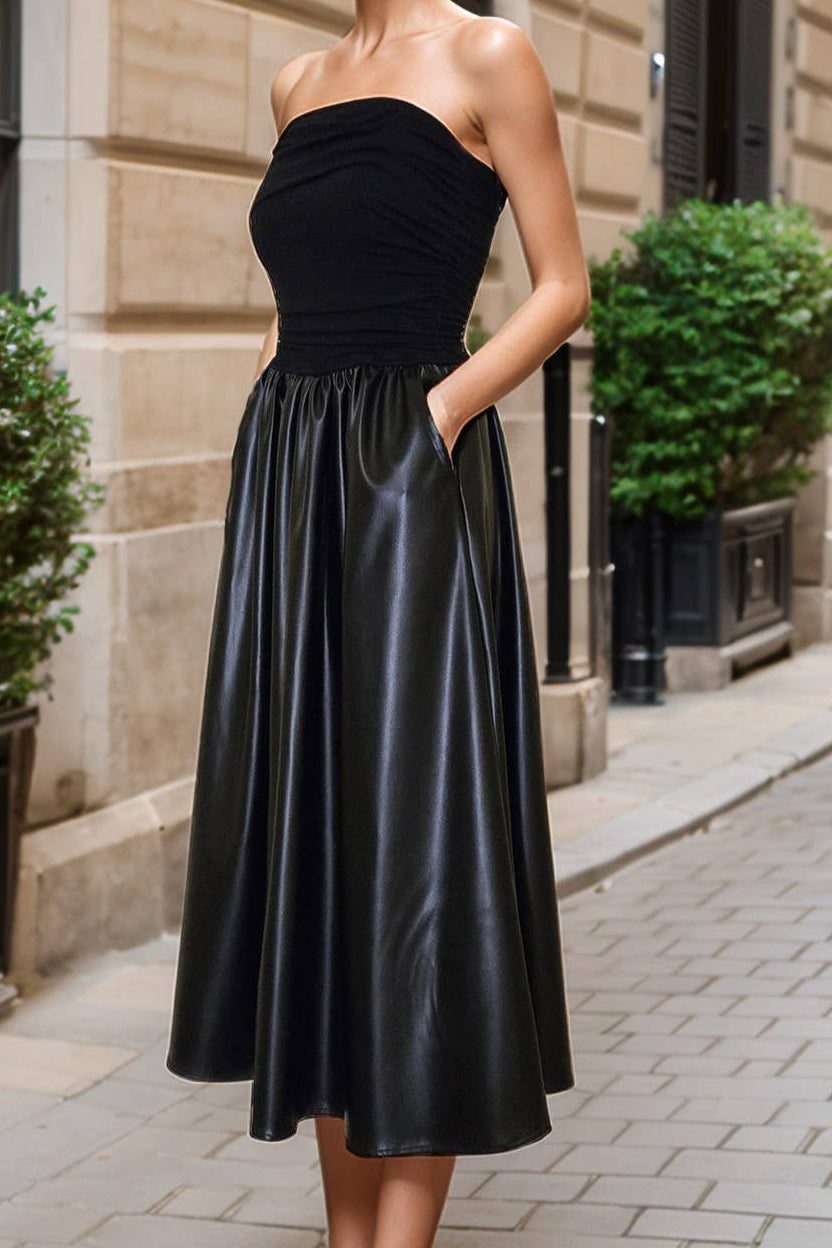 STRAPLESS RUCHED TOP WITH FAUX LEATHER MIDI SKIRT