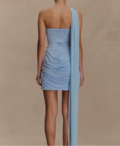 Powder blue front and back ruched layer with long top sash