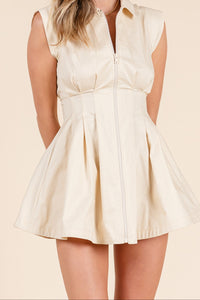 Front zip pleated mini dress with sinched waist and collar neckline